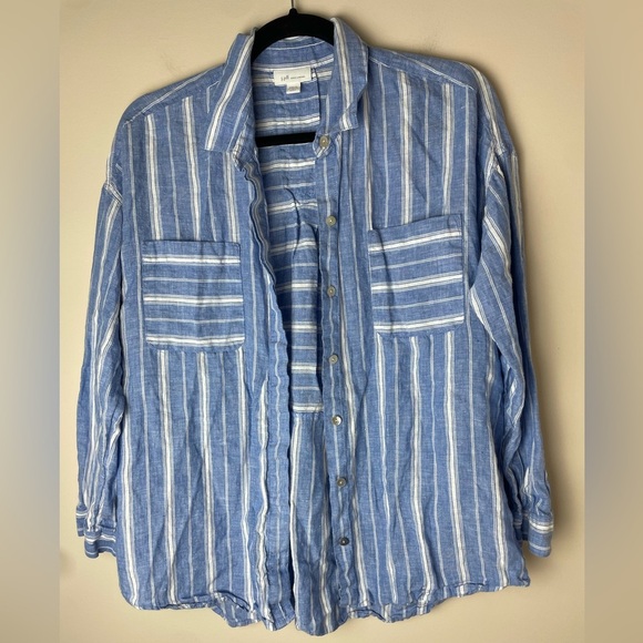 J Jill Love Linen Shirt Blue White Striped Button Up Small Petite Relaxed Beach - Picture 1 of 8